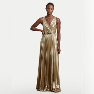 Lauren Ralph Lauren Metallic Gold Pleated V-Neck Maxi Dress